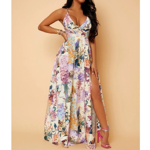 Boho floral print open back slit thigh maxi dress - Picture 2 of 7